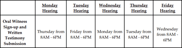 Schedule of Senate Committee Testimony